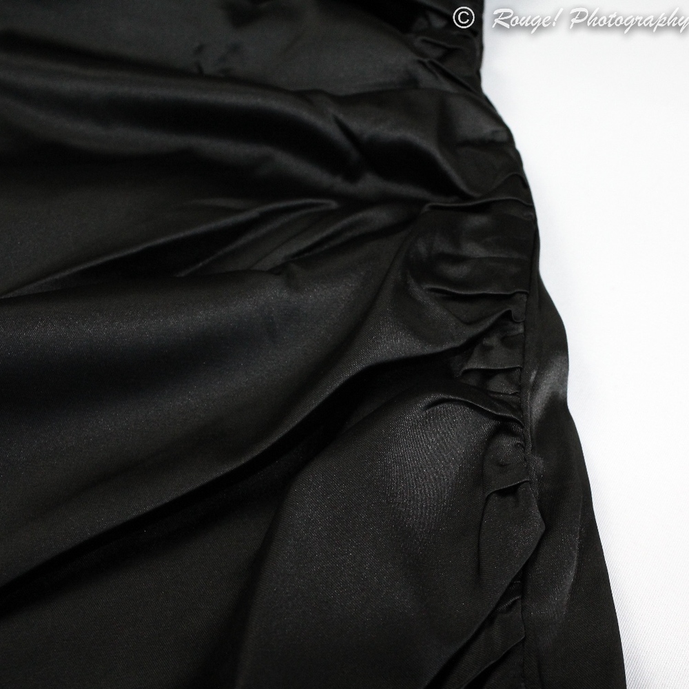 Black Satin Wrap Rhinestone Ruched Bodycon Dress - Picture 6 of 9